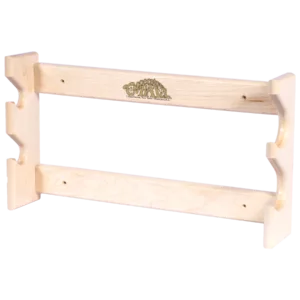 Wooden baseball bat rack with logo displays 2 bats