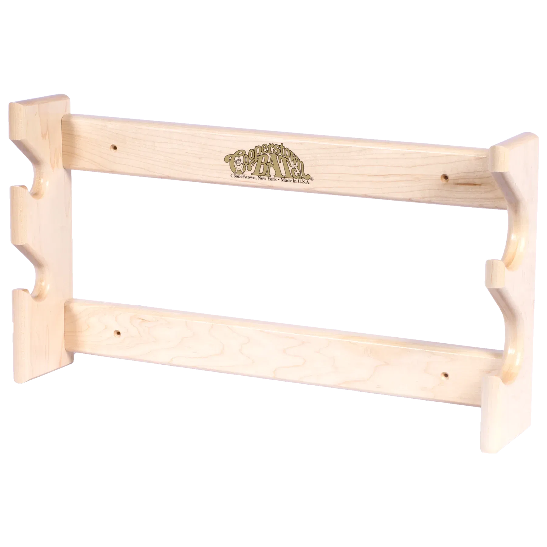 Wooden baseball bat rack with logo displays 2 bats