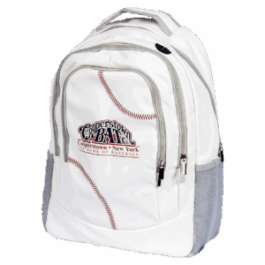 White baseball-themed backpack with zippers and pockets.