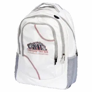 White baseball-themed backpack with zippers and pockets.