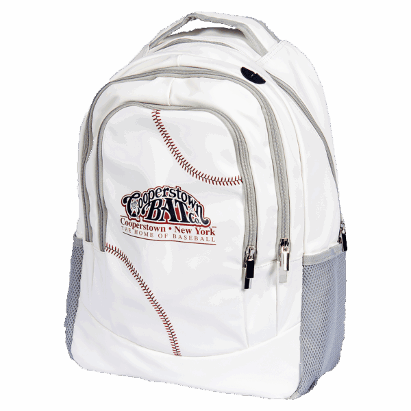 White baseball-themed backpack with zippers and pockets.