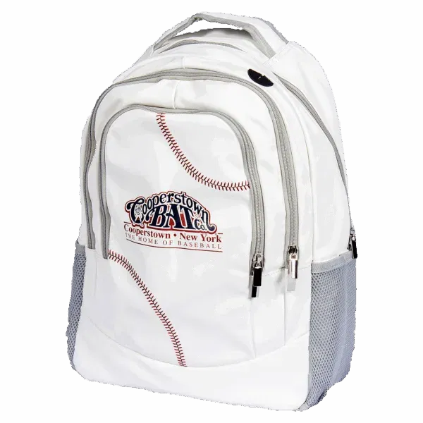 White baseball-themed backpack with zippers and pockets.