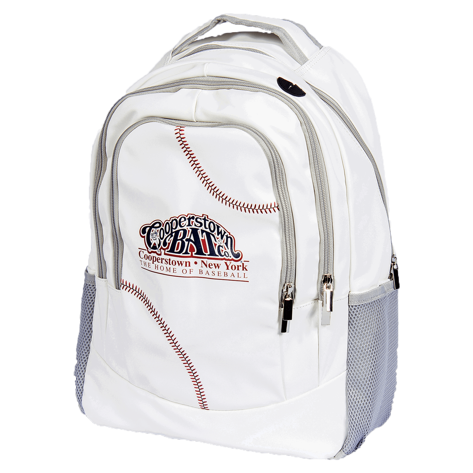 White baseball-themed backpack with zippers and pockets.