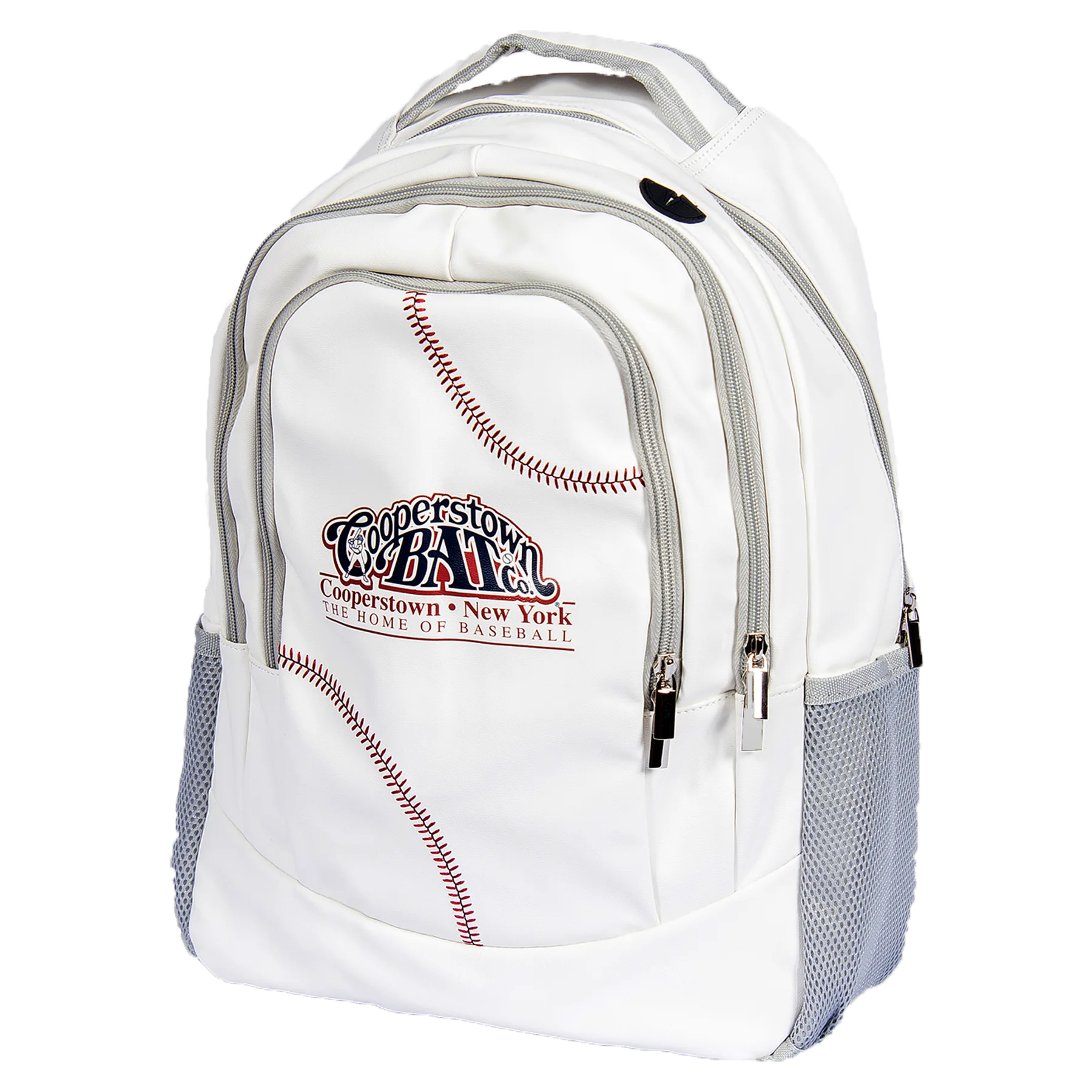 White baseball-themed backpack with zippers and pockets.