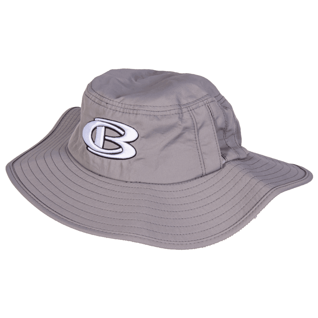 Gray bucket hat with embroidered logo.