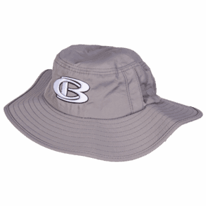 Gray bucket hat with embroidered logo.