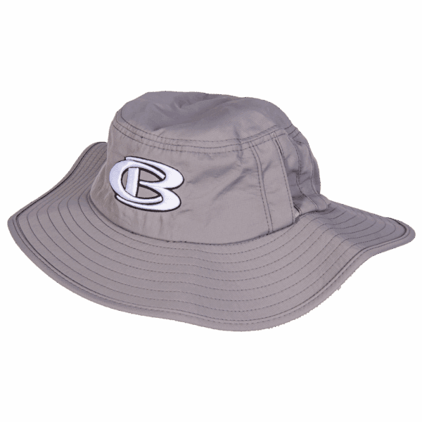 Gray bucket hat with embroidered logo.