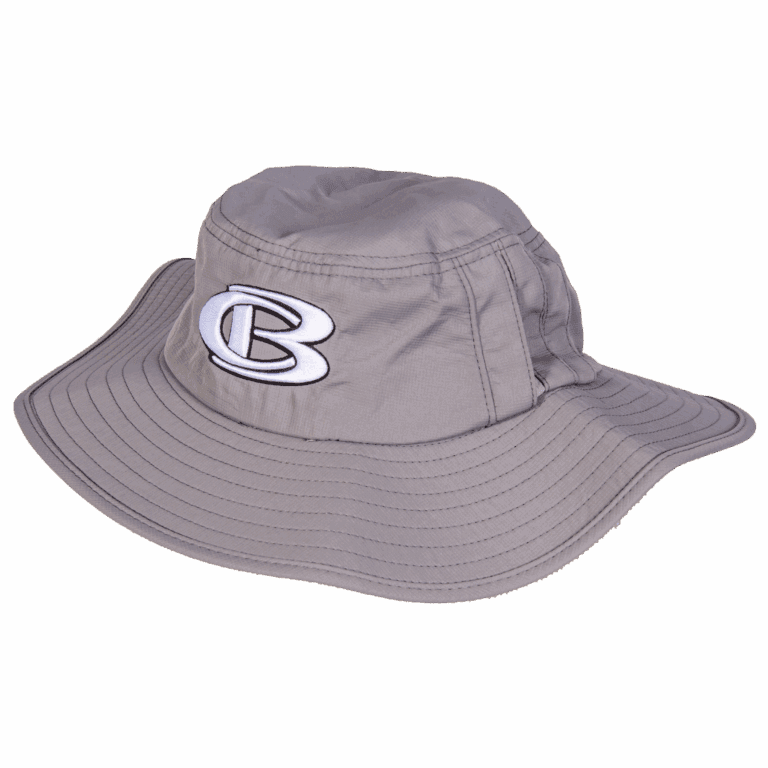 Gray bucket hat with embroidered logo.
