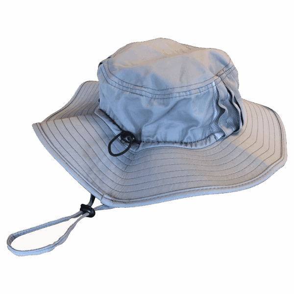 Light gray sun hat with wide brim.