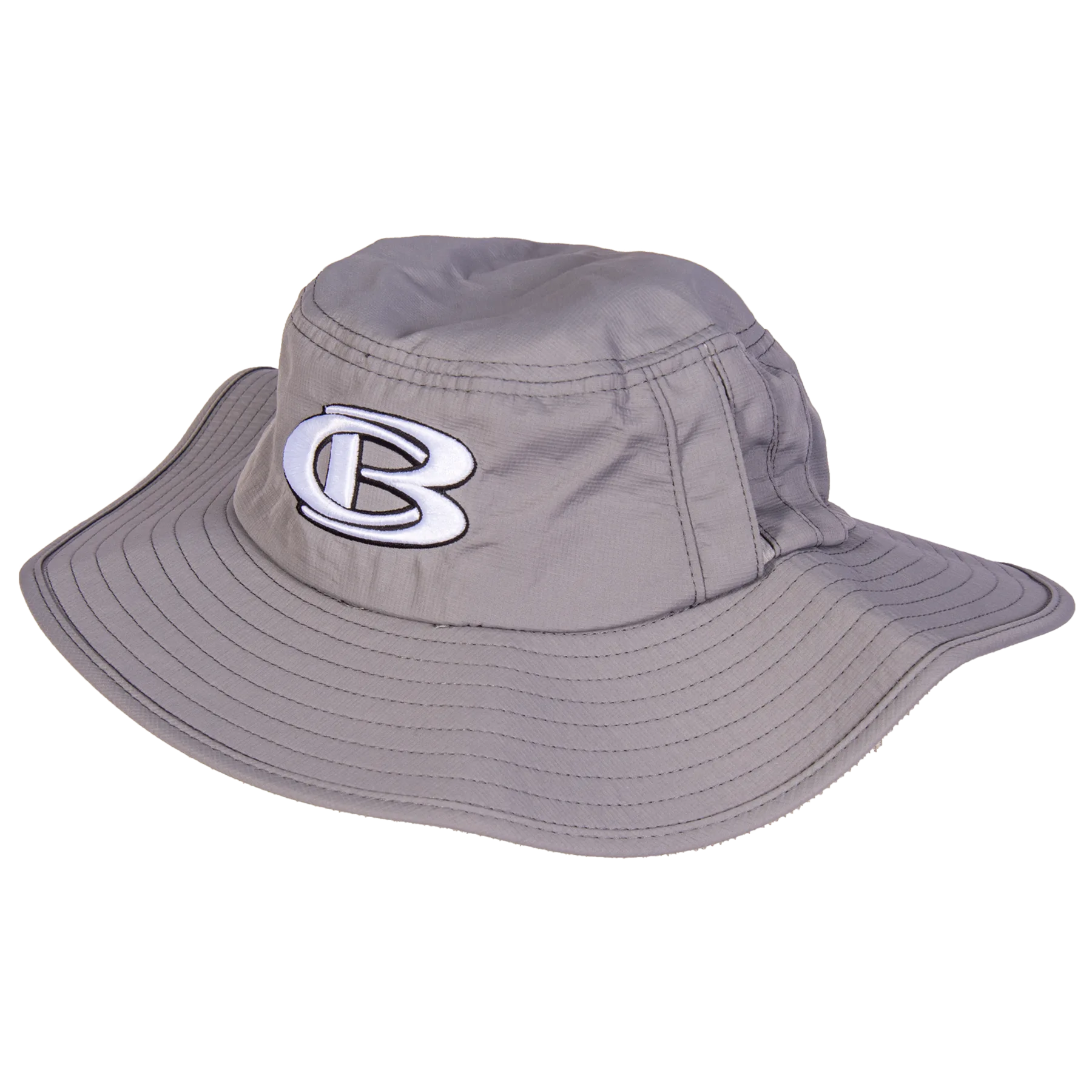 Gray bucket hat with embroidered logo.