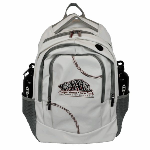 Baseball-themed white backpack with water bottles