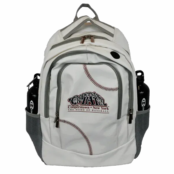 Baseball-themed white backpack with water bottles