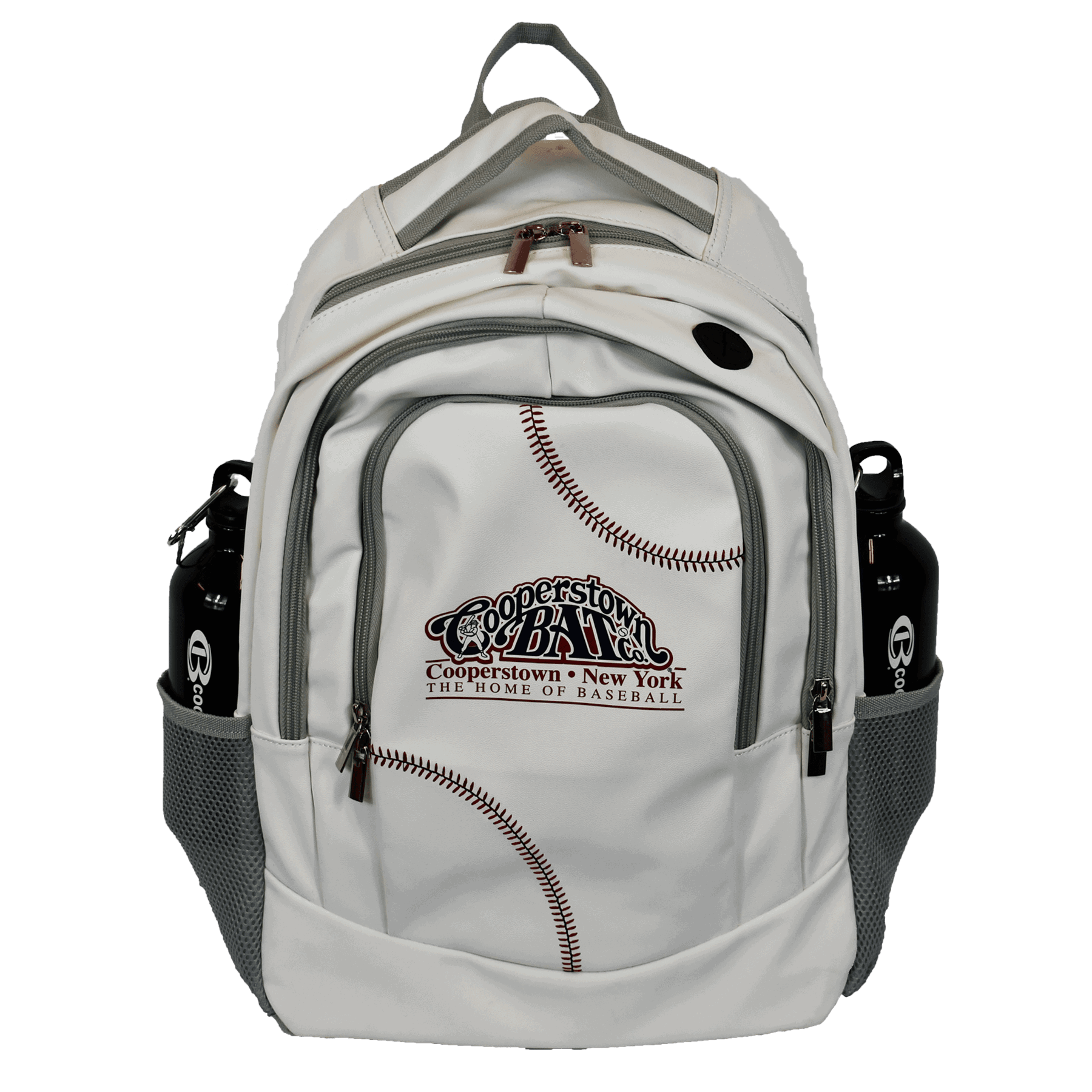 White baseball-themed backpack with zippers and pockets.