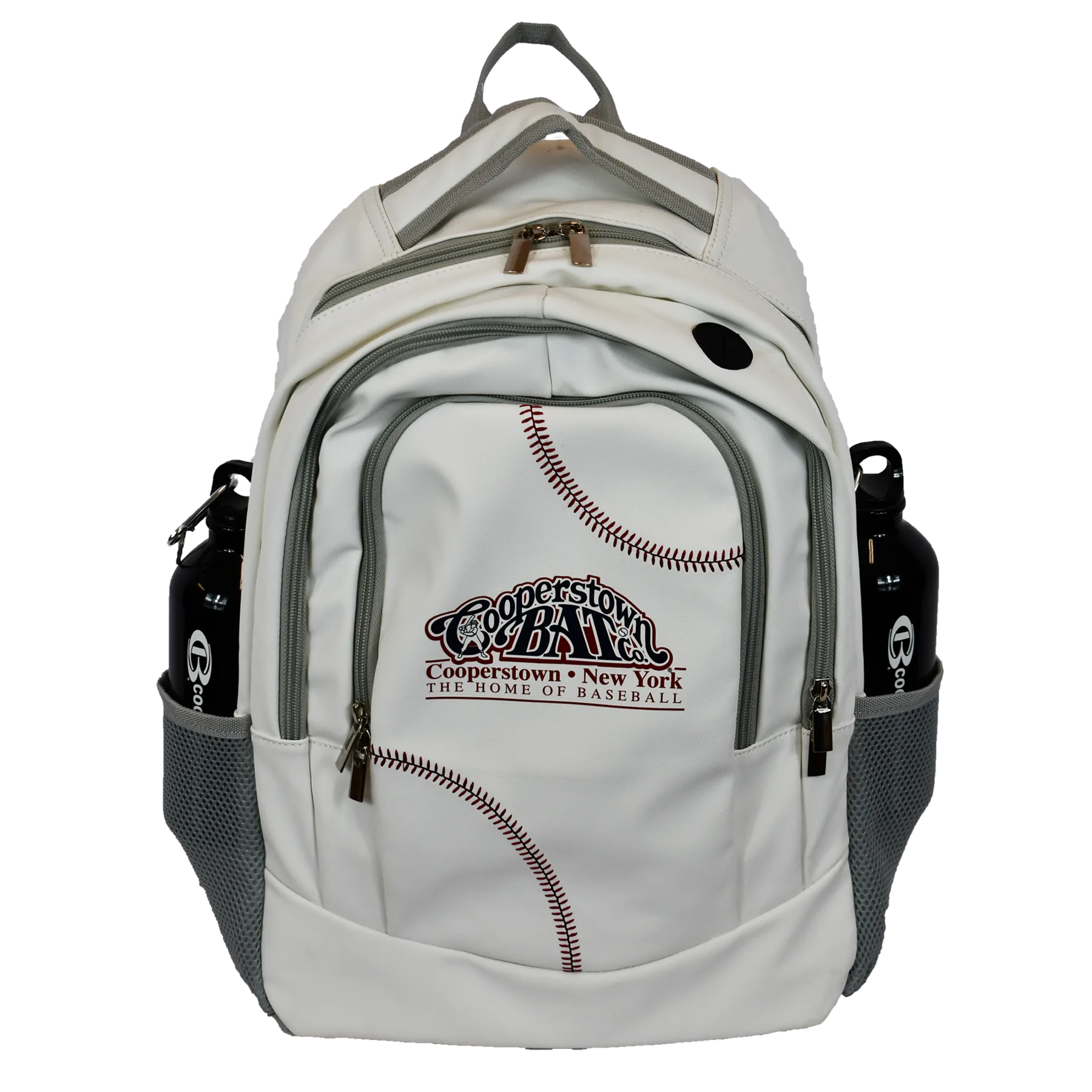 Baseball-themed white backpack with water bottles