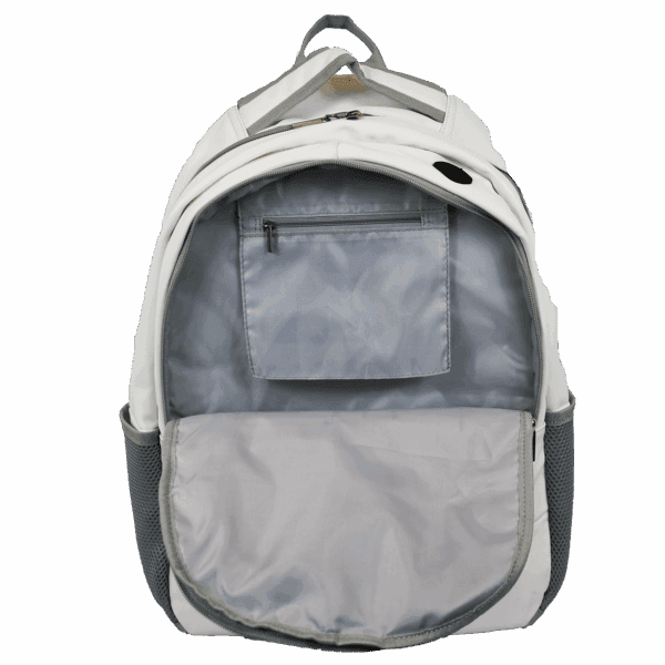 Open gray and white backpack with pocket inside.