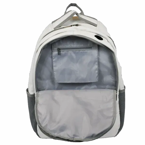 Open gray and white backpack with pocket inside.