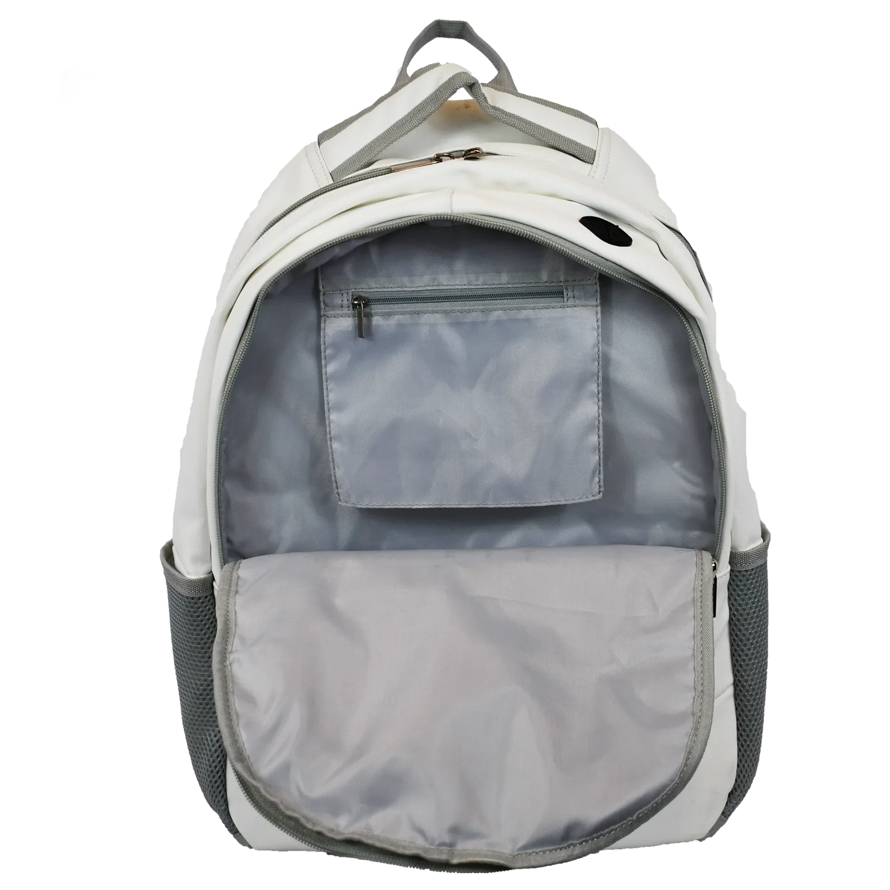 Open gray and white backpack with pocket inside.