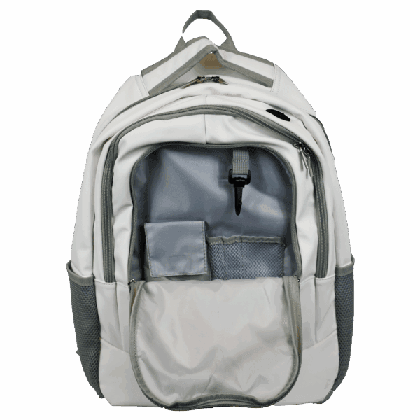 Open white backpack with compartments