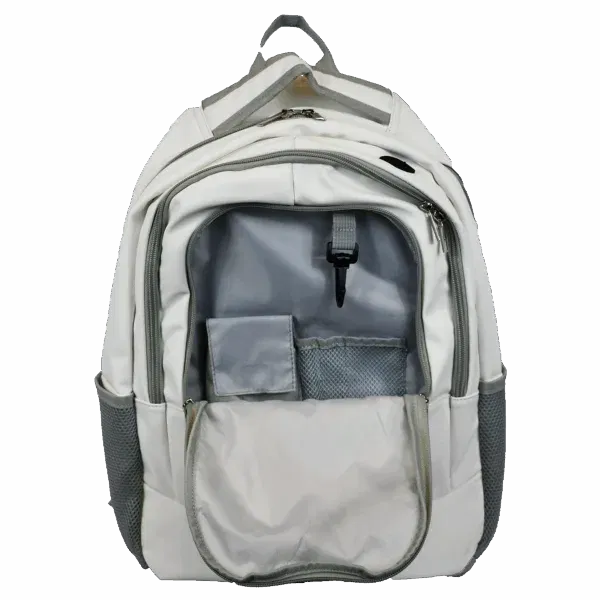 Open white backpack with compartments