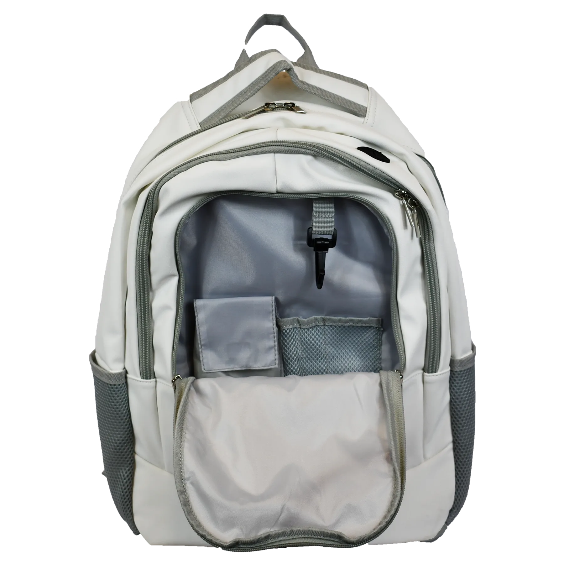 Open white backpack with compartments