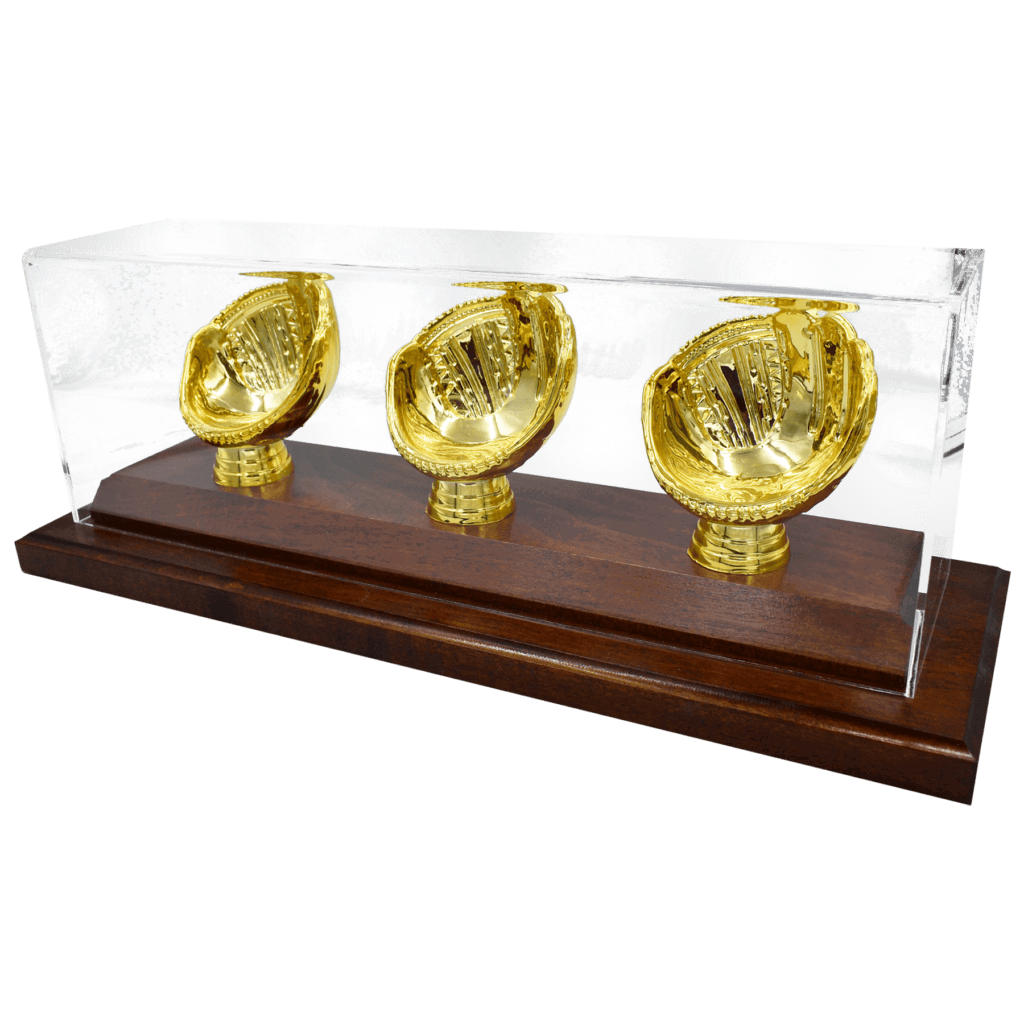 Gold Glove Baseball Display - 3 baseballs - acrylic cover and wood base in dark stain
