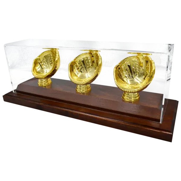 Gold Glove Baseball Display - 3 baseballs - acrylic cover and wood base in dark stain