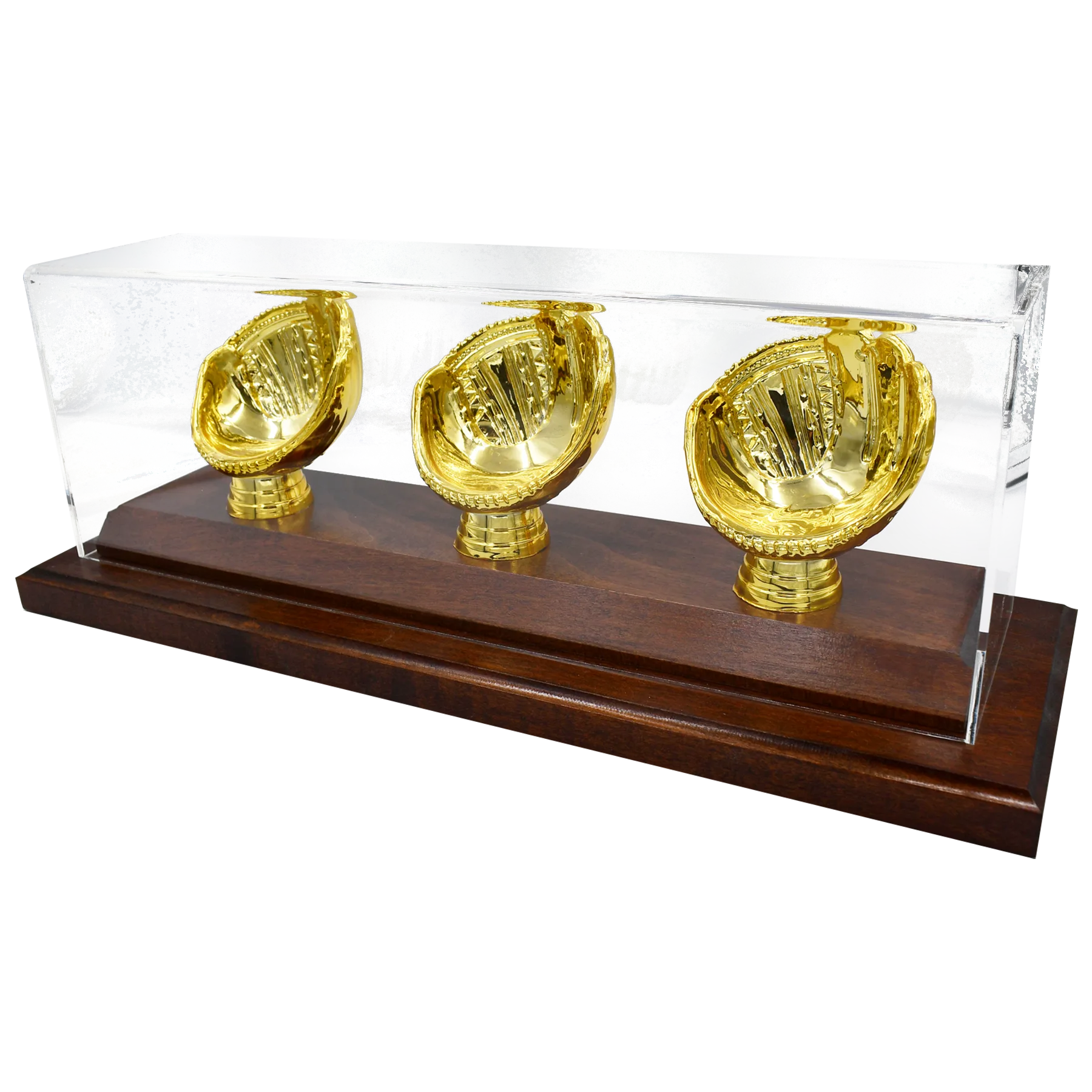 Gold Glove Baseball Display - 3 baseballs - acrylic cover and wood base in dark stain