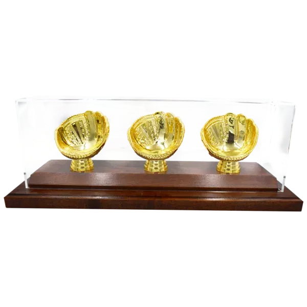 Gold Glove Baseball Display - 3 baseballs - acrylic cover and wood base in dark stain