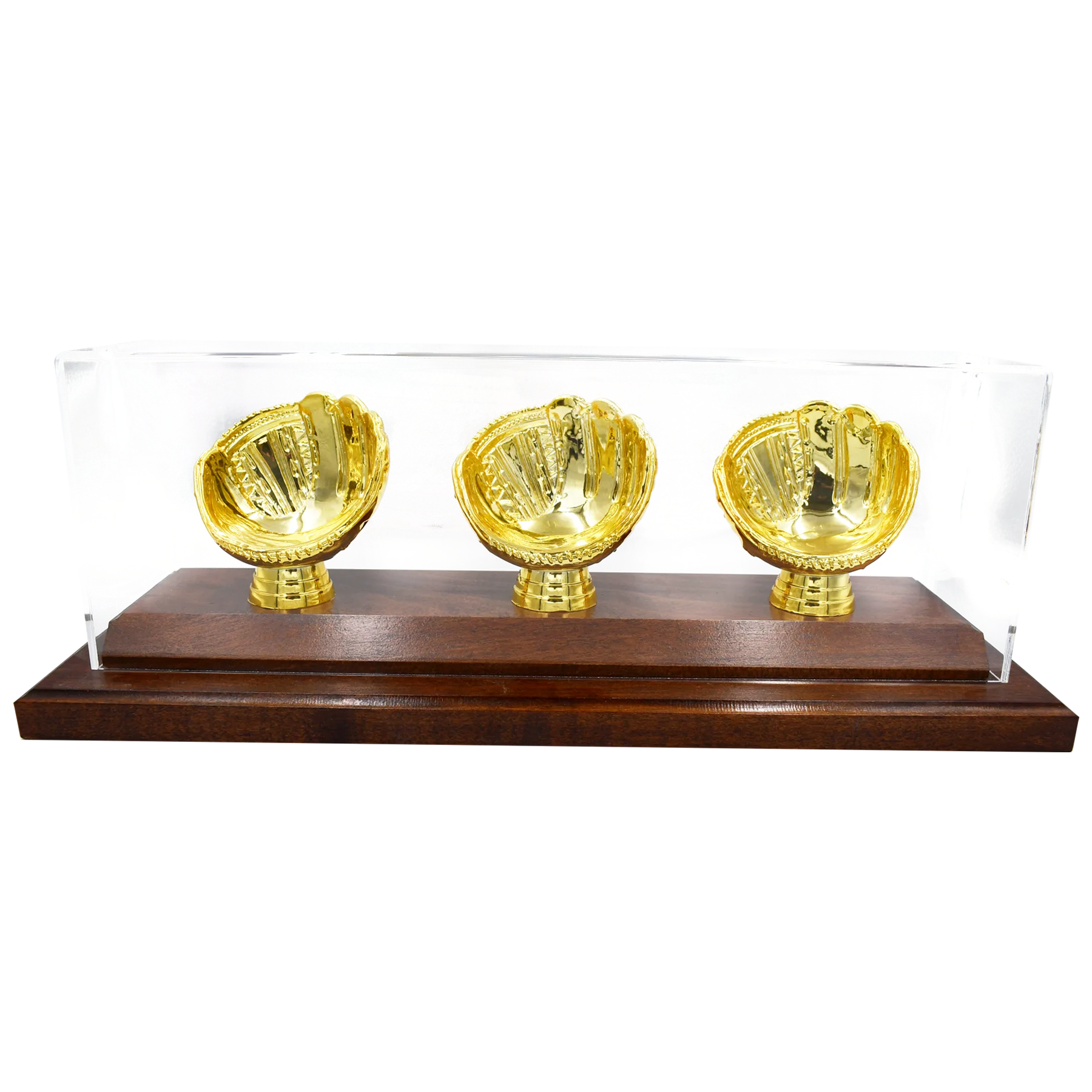 Gold Glove Baseball Display - 3 baseballs - acrylic cover and wood base in dark stain
