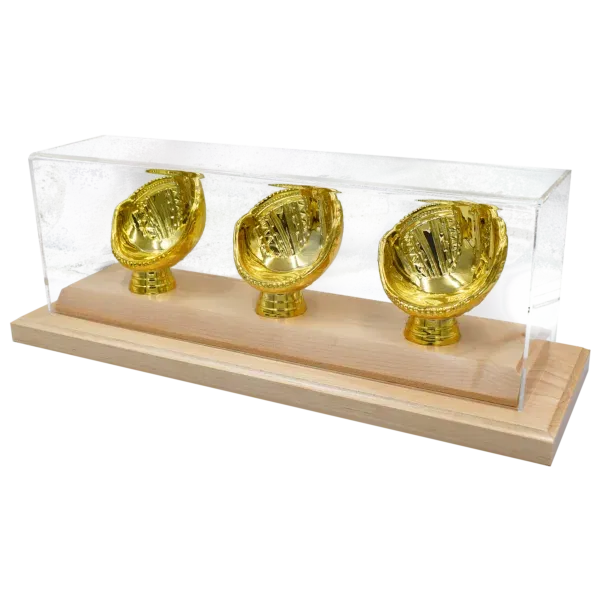 Gold Glove Baseball Display - 3 baseballs - acrylic cover and wood base in Clear natural finish