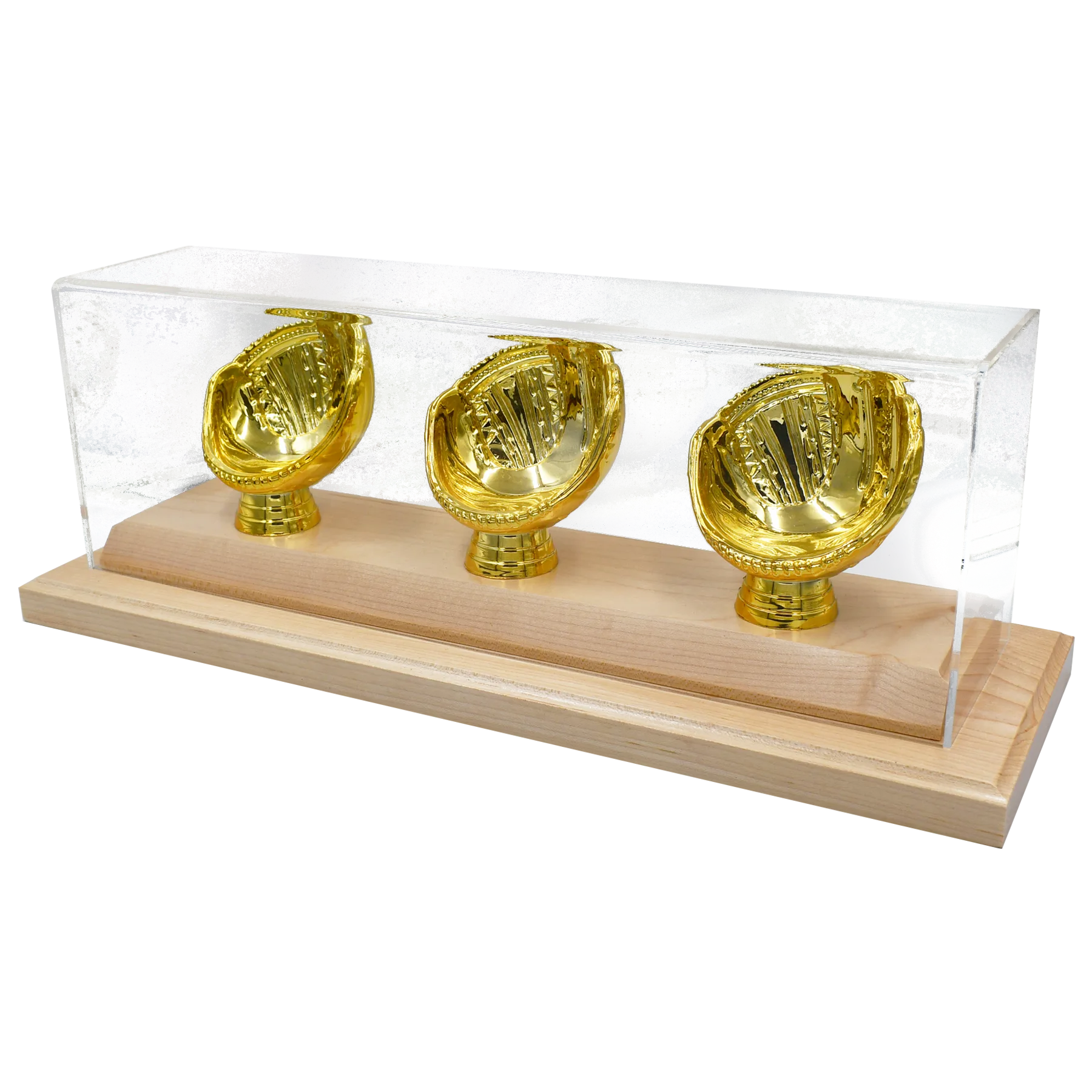 Gold Glove Baseball Display - 3 baseballs - acrylic cover and wood base in Clear natural finish