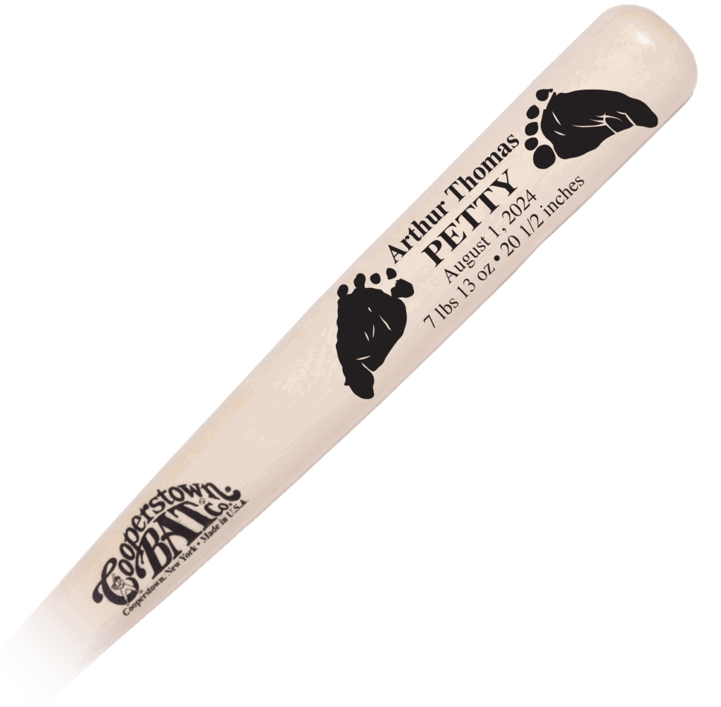 Custom baby announcement baseball bat with baby foot prints