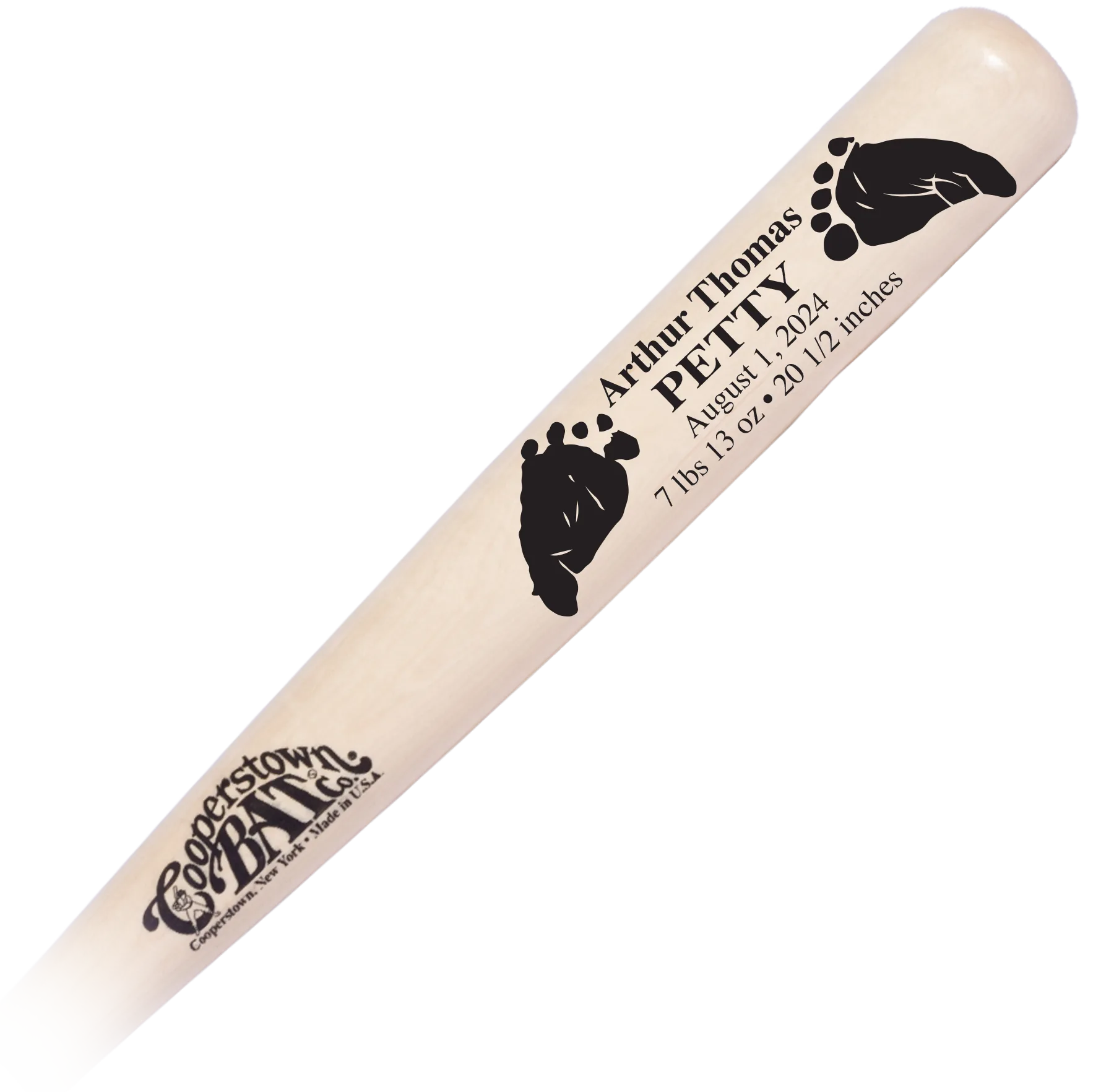 Custom baby announcement baseball bat with baby foot prints