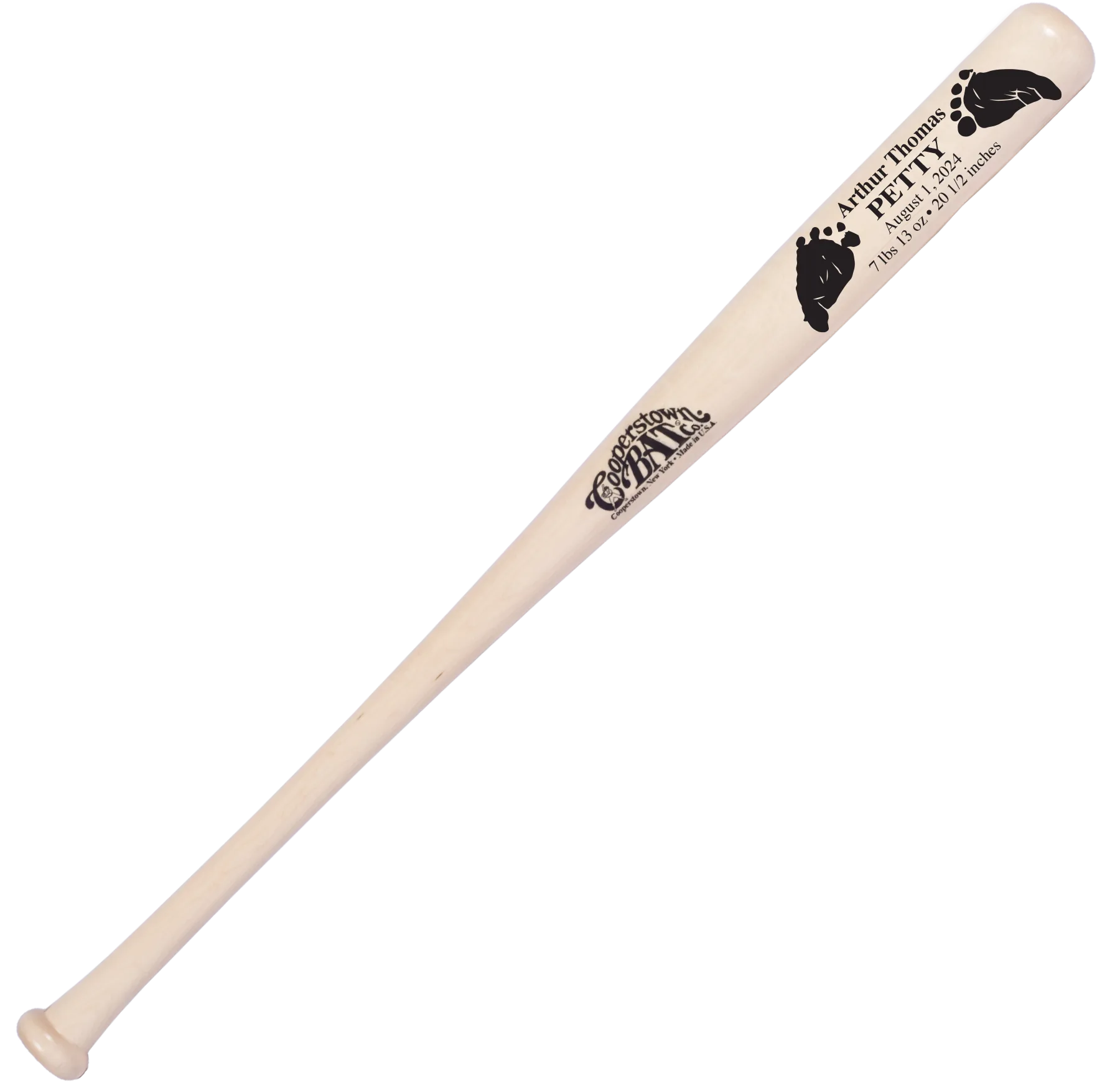 Custom baby announcement baseball bat with baby foot prints