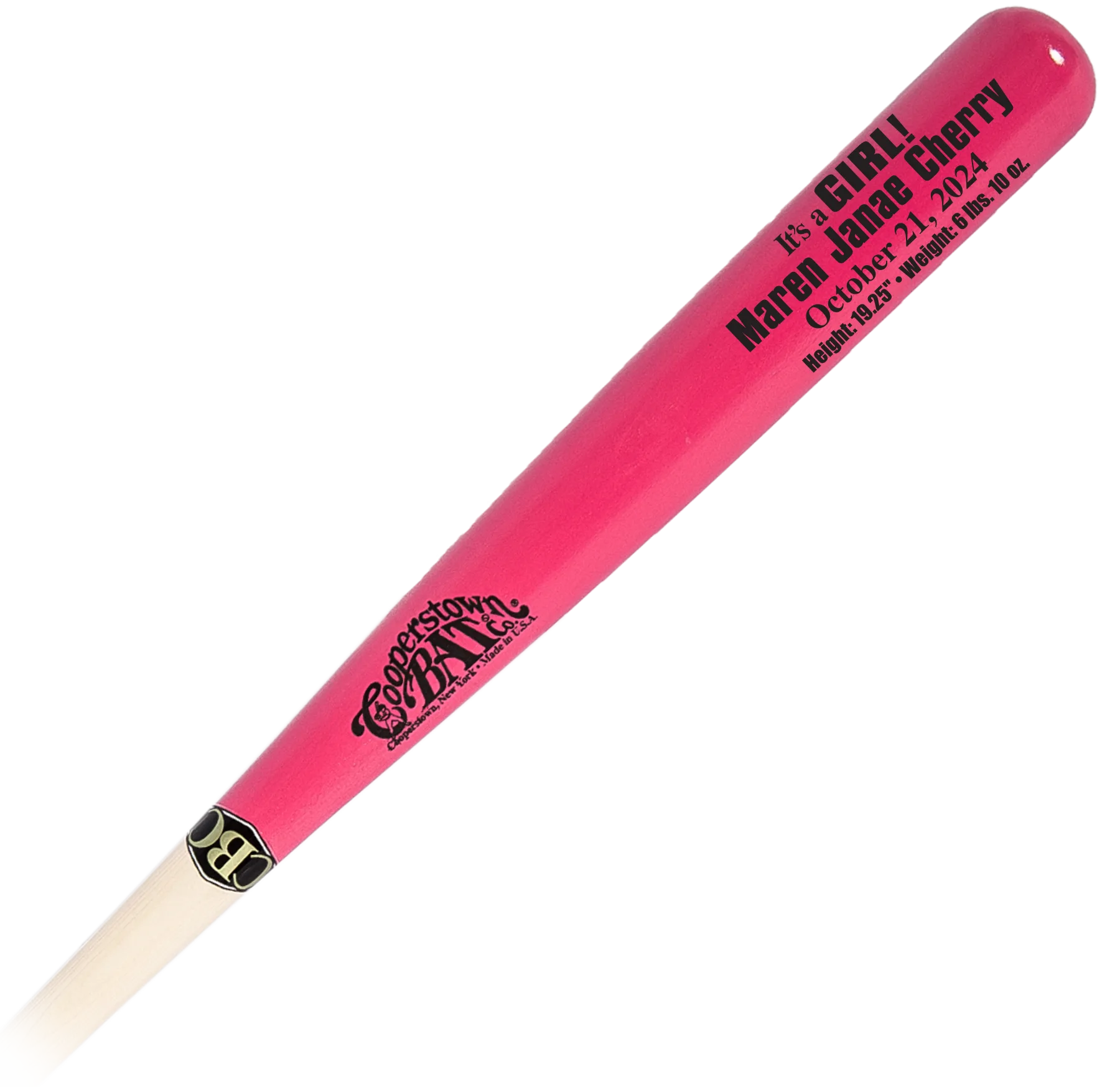 It's a Girl! Pink baseball bat with custom birth announcement