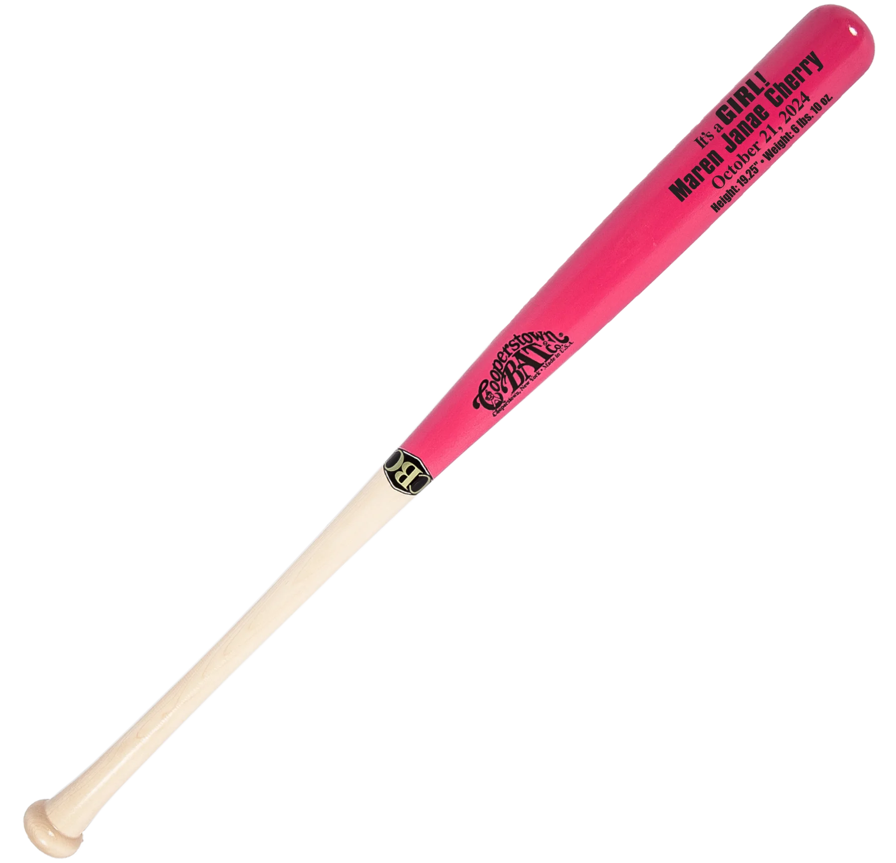 It's a Girl! Pink baseball bat with custom birth announcement