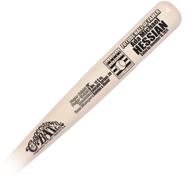 Custom engraved Cooperstown Bat Future Hall of Famer with Hall of Fame logo and Baby Stats .