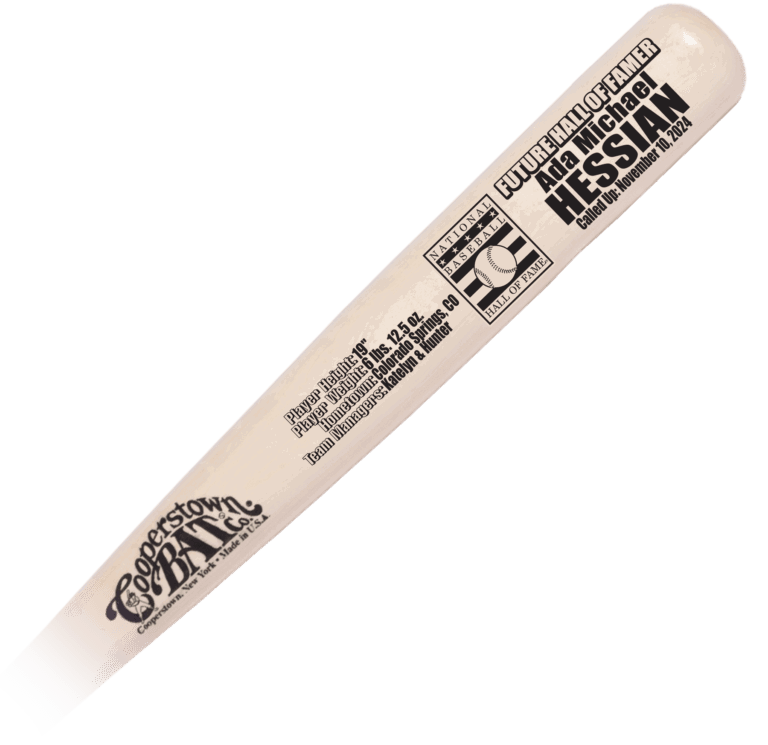Custom engraved Cooperstown Bat Future Hall of Famer with Hall of Fame logo and Baby Stats .