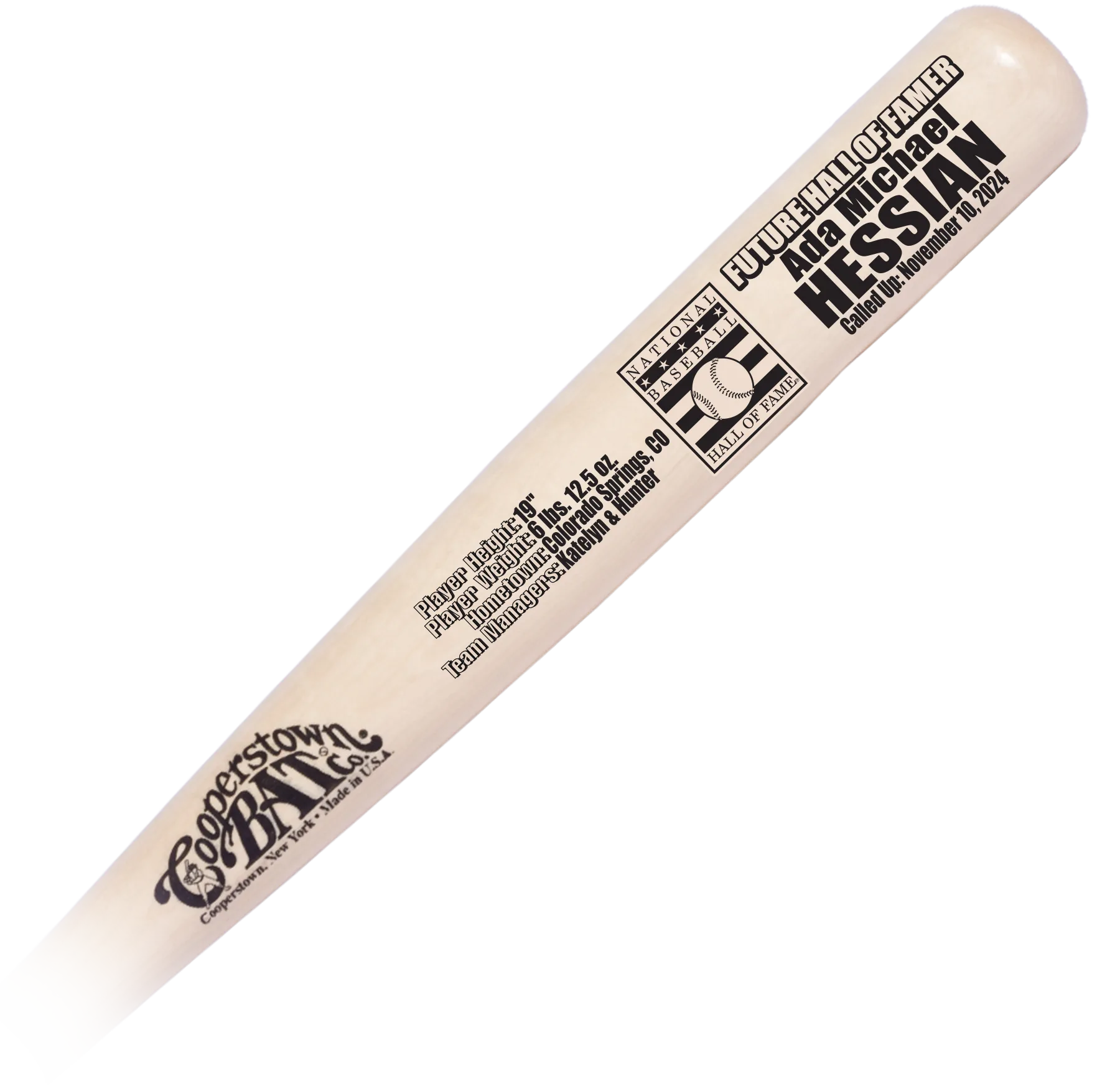 Custom engraved Cooperstown Bat Future Hall of Famer with Hall of Fame logo and Baby Stats .