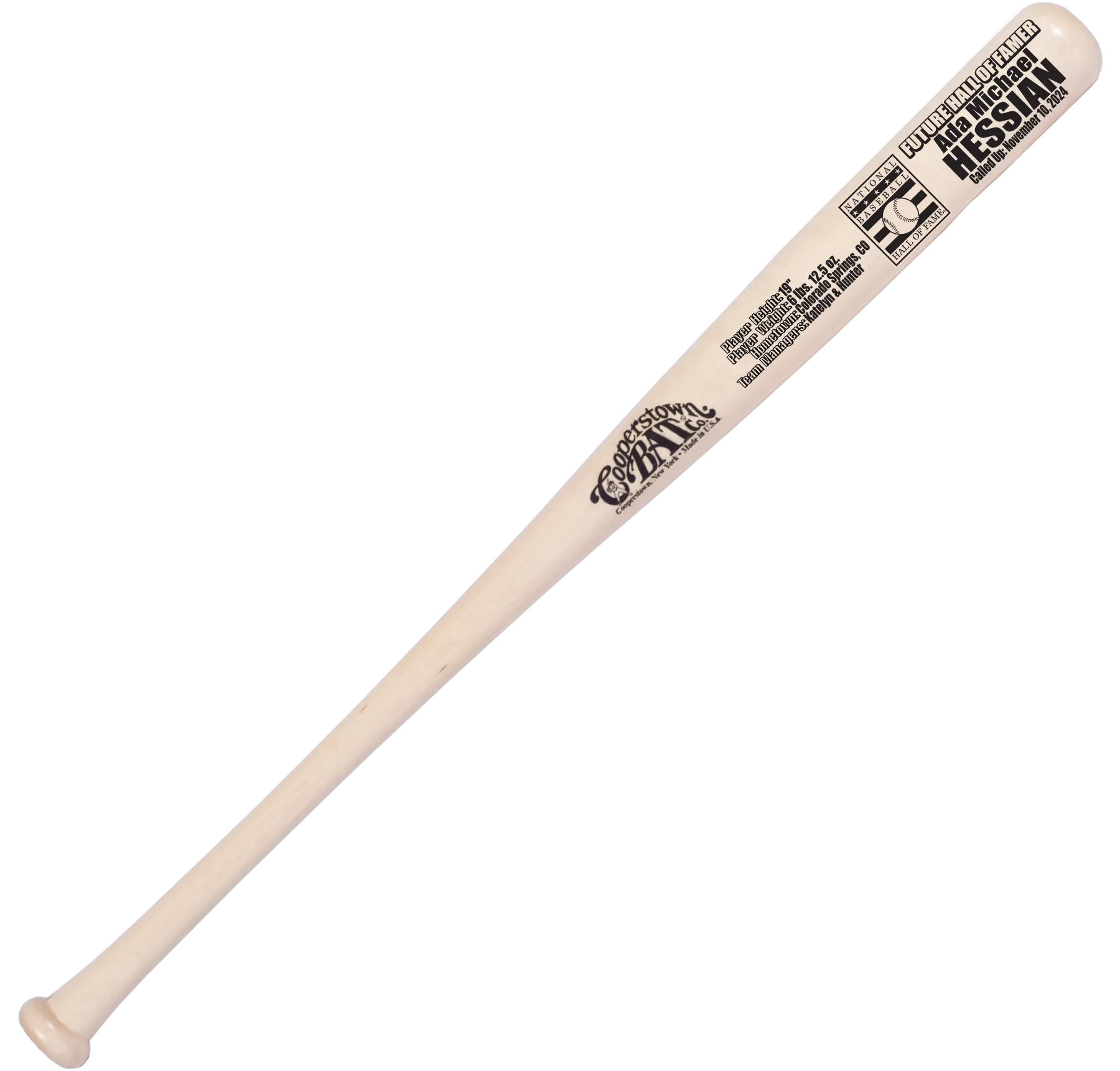 Custom engraved Cooperstown Bat Future Hall of Famer with Hall of Fame logo and Baby Stats .