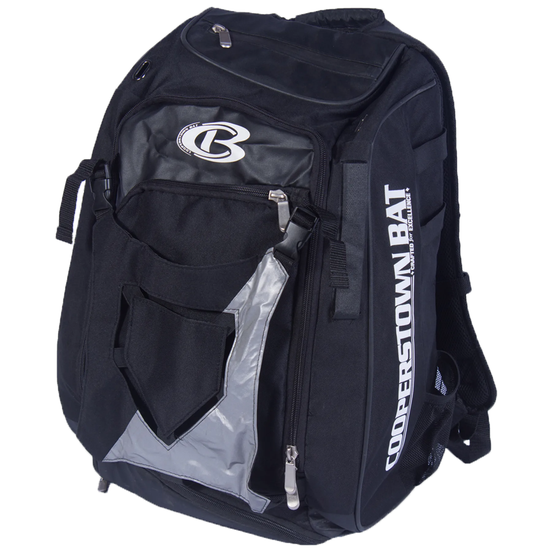 Black Cooperstown Bat backpack holds 2 bats, your helmet, with multiple pockets