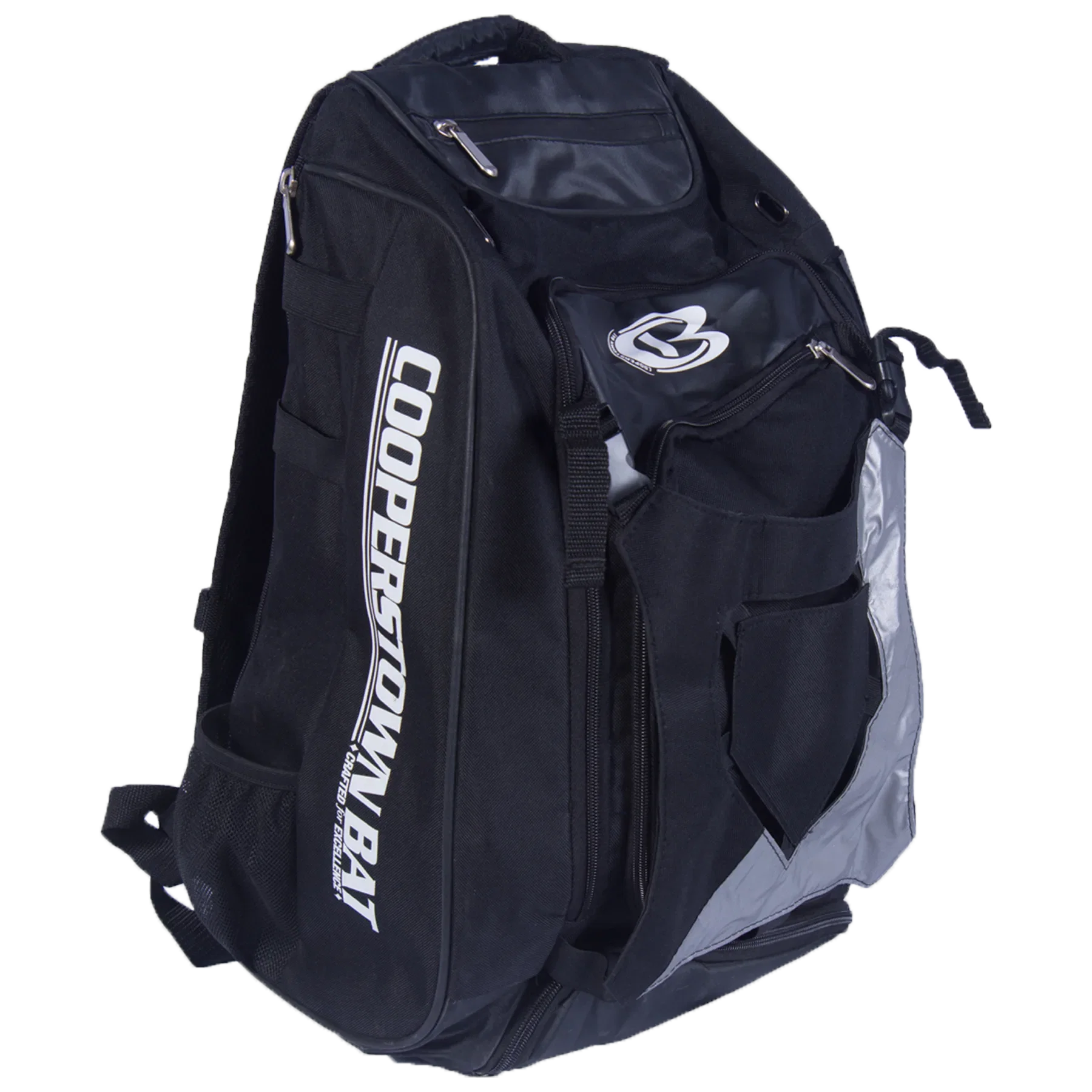Black Cooperstown Bat backpack holds 2 bats, your helmet, with multiple pockets