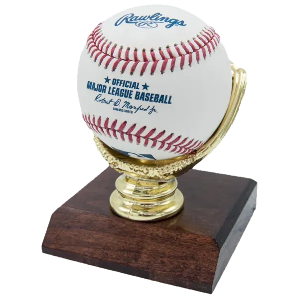 Gold Glove display for two baseballs on wooden base