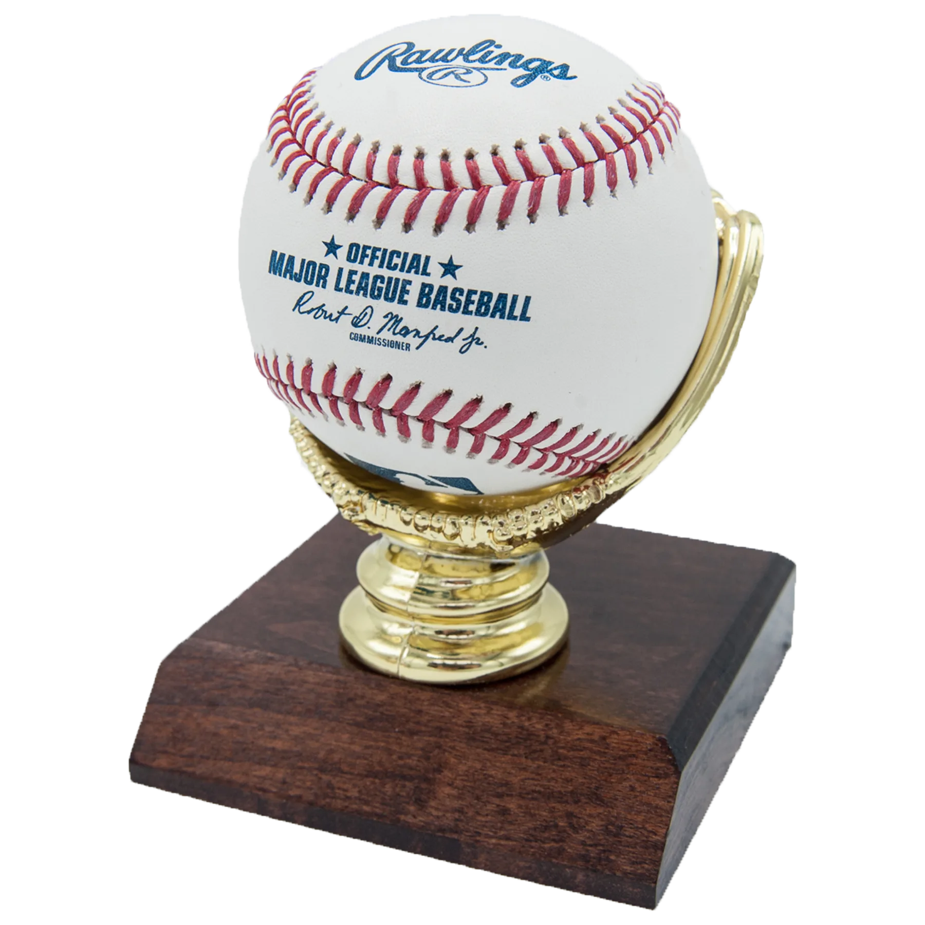 Gold Glove display for two baseballs on wooden base