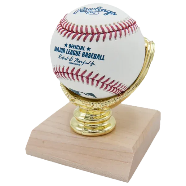 Baseball trophy with wooden base and gold glove