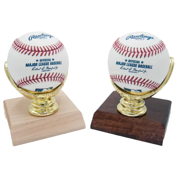 Gold Glove display for two baseballs on wooden base