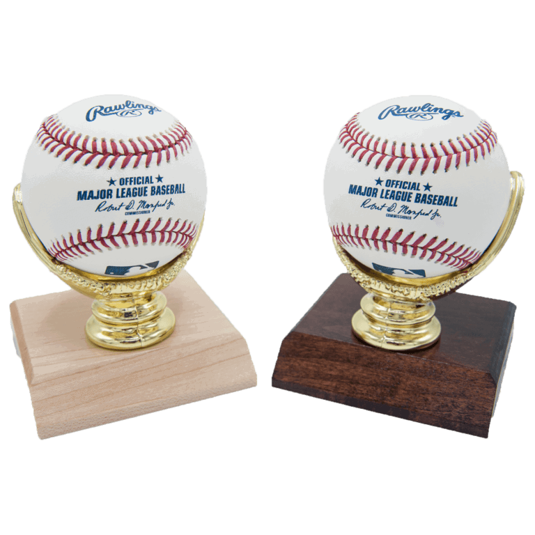 Gold Glove display for two baseballs on wooden base