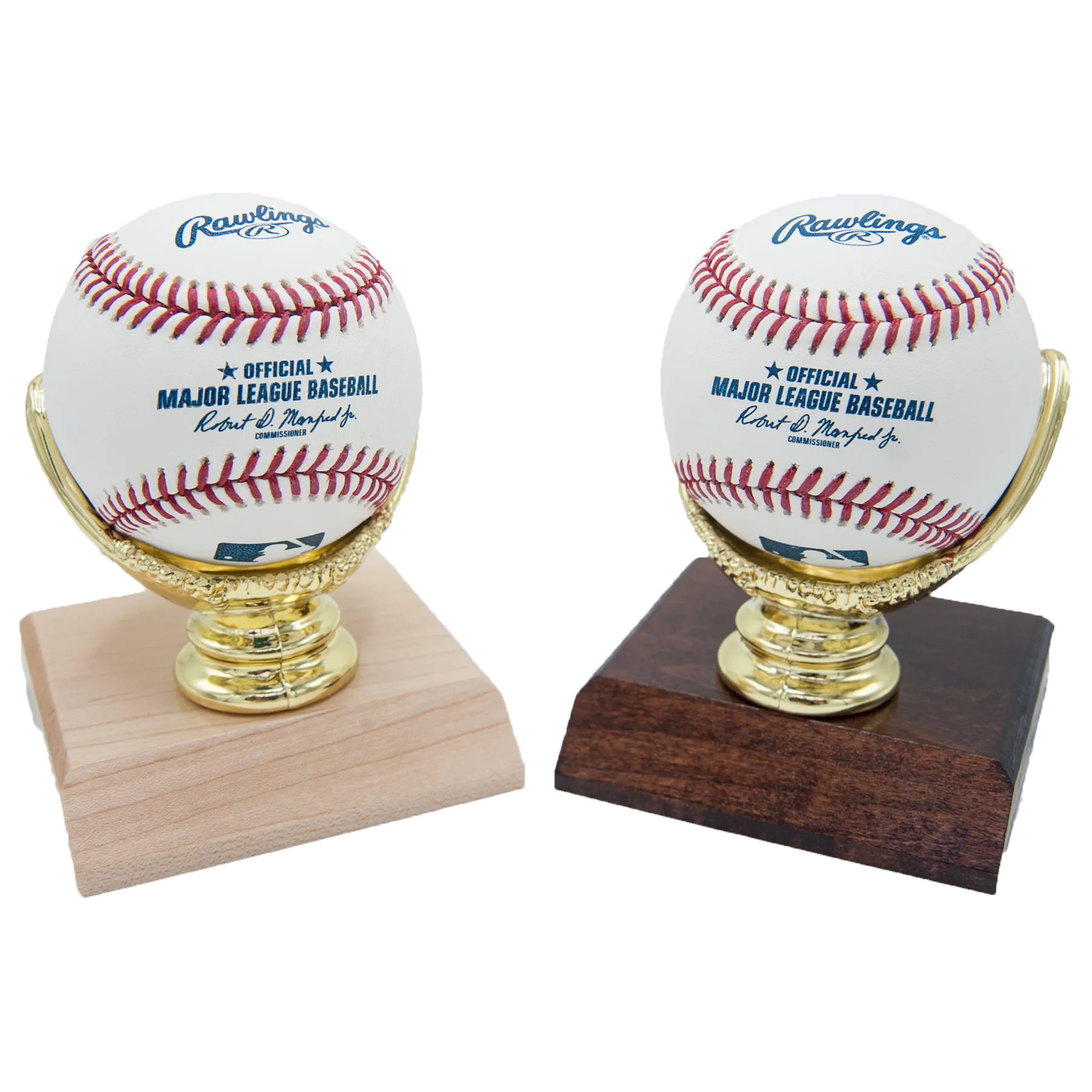 Gold Glove display for two baseballs on wooden base