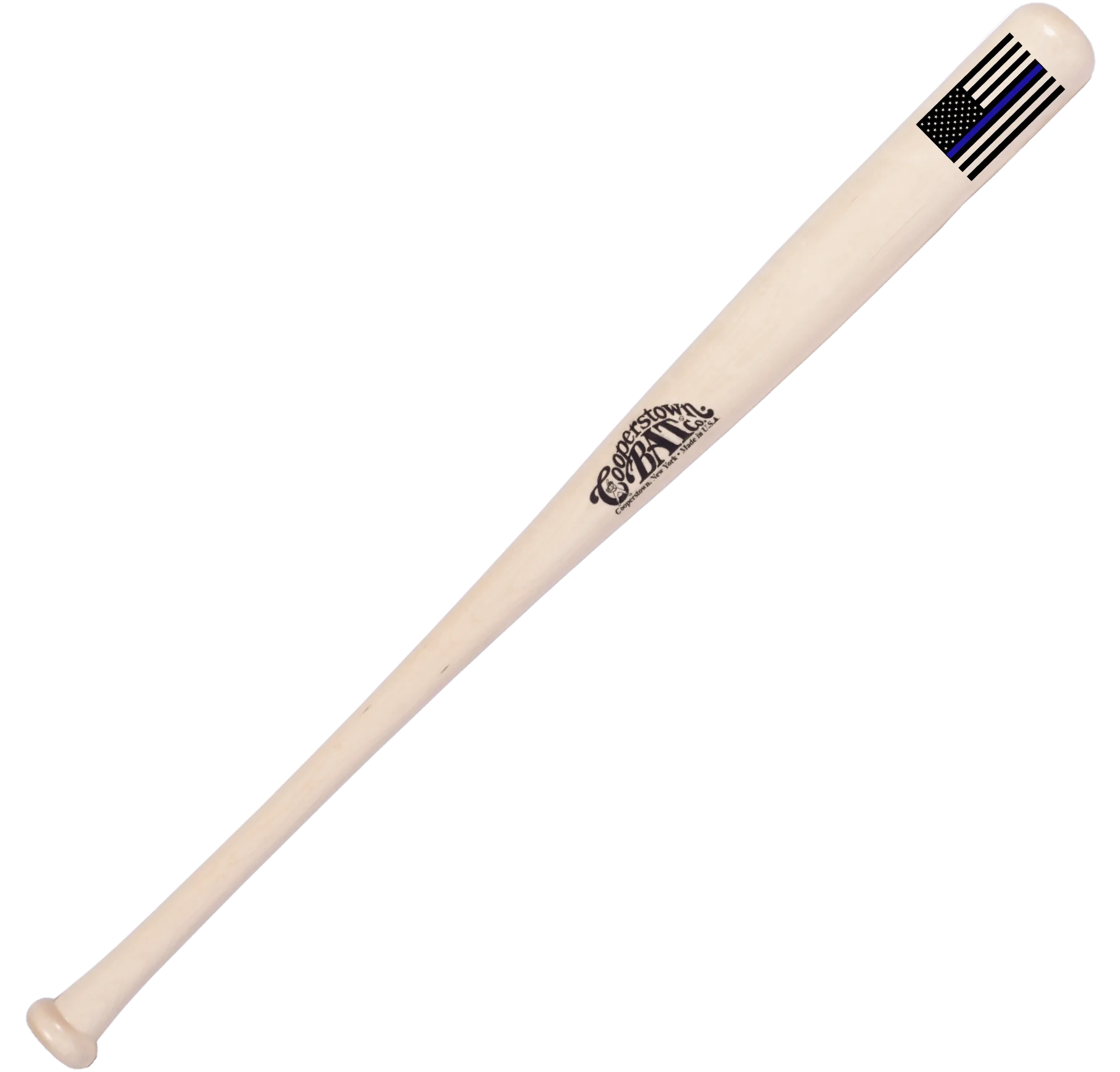 Wooden baseball bat with custom engraved American flag design with hand painted blue line.