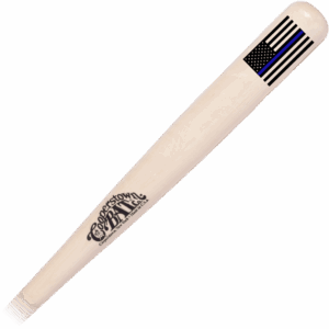 Wooden baseball bat with custom engraved American flag design with hand painted blue line.